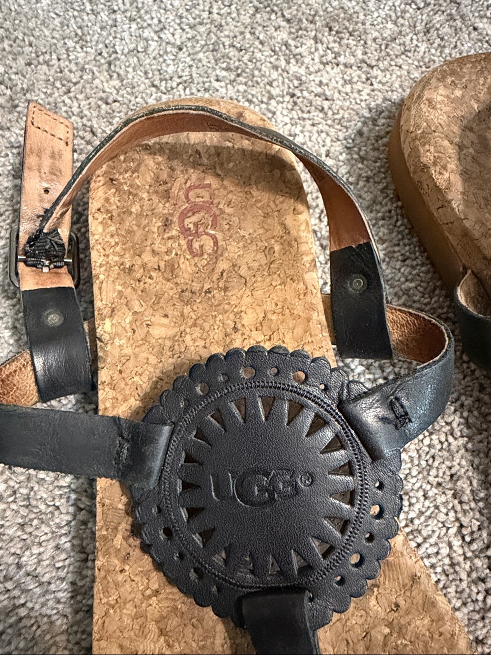 UGG Black Leather Cork Thong Sandals with Decorative Medallion - Picture 2 of 7